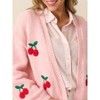 Coolmee Women's Summer Cardigans Loose Fit Ribbed Cuff Sweaters Cropped Long Lantern Sleeve Open Front Cherry Embroidery Knit Shrugs S Pink - 4 of 4
