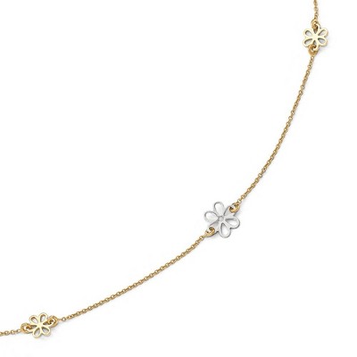 Black Bow Jewelry 14k Two Tone Gold Polished Flower Station Anklet, 10-11 Inch