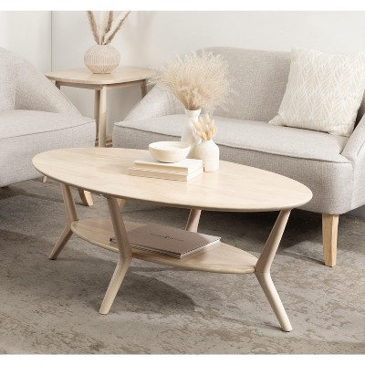 Natural Wood Oval Coffee Table with Storage and Sculptured Legs