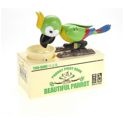 Insten Parrot Piggy Bank Robotic Coin Munching Toy Money Box, Green, 6.6x6.5 Inches