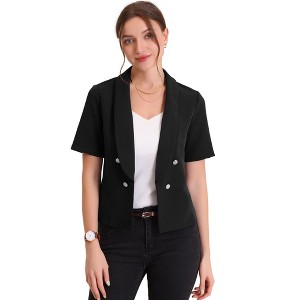 Allegra K Women's Regular Fit Shawl Collar Open Front Short Sleeve Work Office Suit Blazer - 1 of 4