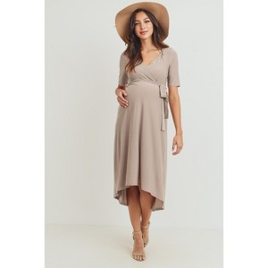 Hello Miz Women's Hi-Low Short Sleeve V Neck Maternity Wrap Dress with Belt - 1 of 4