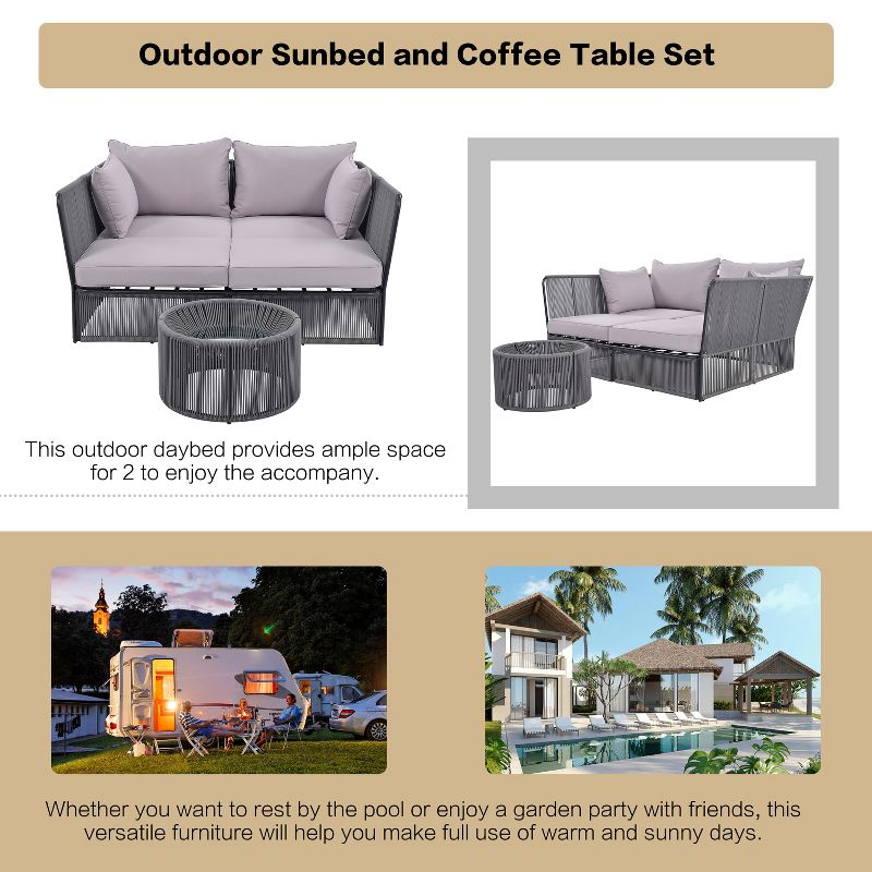 2 PCS Outdoor Sunbed Loveseat, Patio Daybed Double Chaise Lounger with Tempered Glass Coffee Table 4M -ModernLuxe, 5 of 15