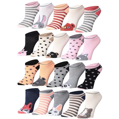 Tipi Toe Women's 20 Pairs Colorful Cute Solid Striped Dotted Animal Faces Patterned Low Cut/No Show Socks