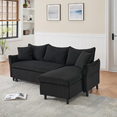 JOYRACER 80" corduroy convertible sofa bed, L-shaped couch with 2 small throw pillows, storage sleeper sofa for small apartments & Living Room