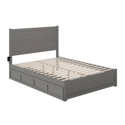 Gray Queen Wood Platform Bed with Storage Drawers