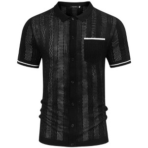 Men's See Through Short Sleeve Knit Shirt Lapel Collar Stretch Lightweight Polo Shirts - 1 of 4