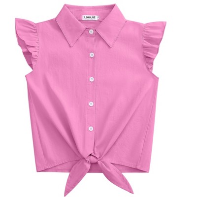 Clearlove Girls Sleeveless Plaid Button Down Shirt Summer Cropped Top with Tie Waist and Ruffled Hem Cute Casual Blouse Rose Red 130