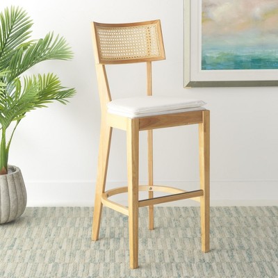 Natural Wood and Rattan Woven Bar Stool with Cushion