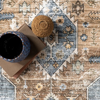 Gracie Brown and Ivory Medallion Washable Synthetic Rug