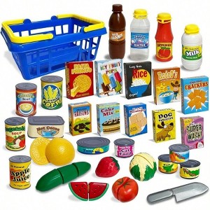 Grocery Basket Play Food Set, 32 - Piece Pretend Shopping Toy for Kitchen Accessories - 1 of 4