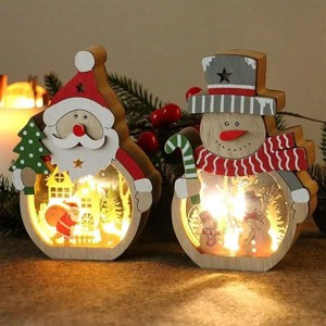 Christmas Snowman Santa Claus Decorations Indoor for Home Decor, 2 Pack Lighted Wooden Snowman Santa Claus with Lights Christmas Figurines Ornament - 1 of 1