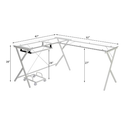 62" White Glass Top L-Shaped Computer Desk with Keyboard Tray