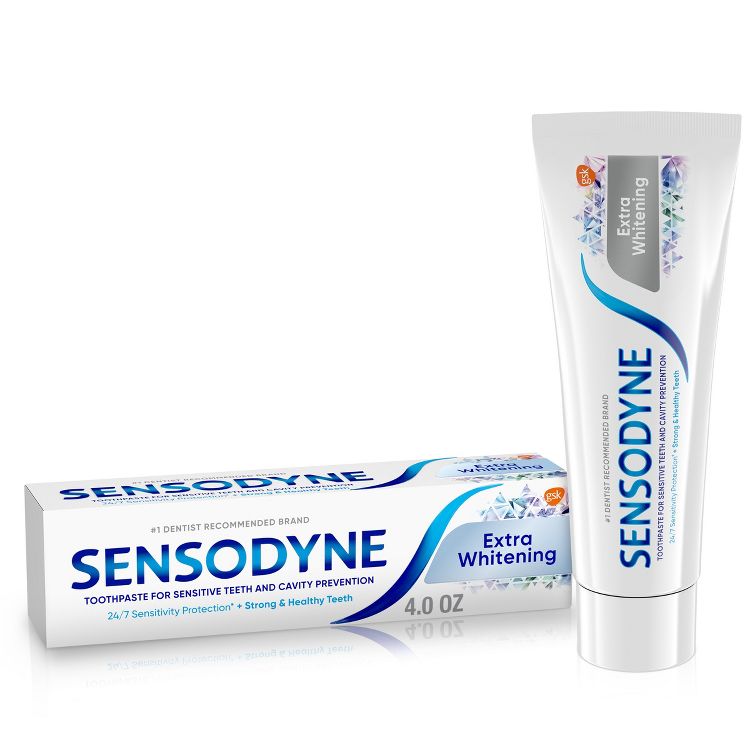 Tube and box of Sensodyne Extra Whitening toothpaste with "4.0 oz" label.