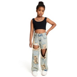 Mocamel New Snowflake Water Wash Distressed Design Wide Leg Jeans for Teenage Girls - 1 of 4