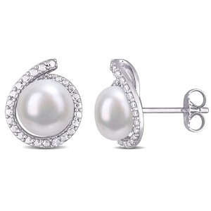 EVERLY JEWELRY | Sterling Silver 8 - 8.5 MM Freshwater Pearl and Diamond Accent Swirl Stud Earrings– Multiple Pearl Color Options - 1 of 4