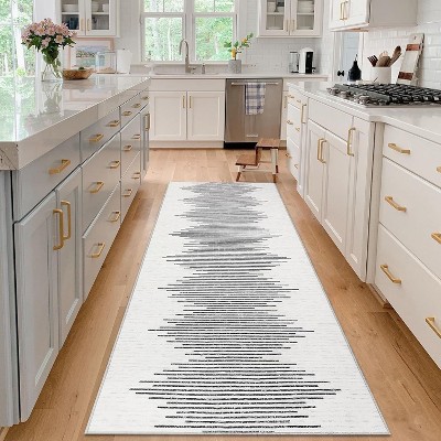 2'x6' Washable Area Rug, Modern Stripe, Low Pile Non-Slip Indoor, Minimalist Farmhouse Style, Non-Shedding Foldable Bedroom Mat, Black