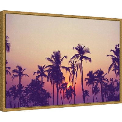 Sunrise Palm Grove Framed Canvas Print in Purple and Gold