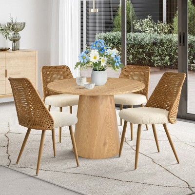 5-Piece Modern Round Dining Table Set, 35" Pedestal Table with 4 Upholstered Rattan Back Dining Chairs, Space Saving Design-Maison Boucle