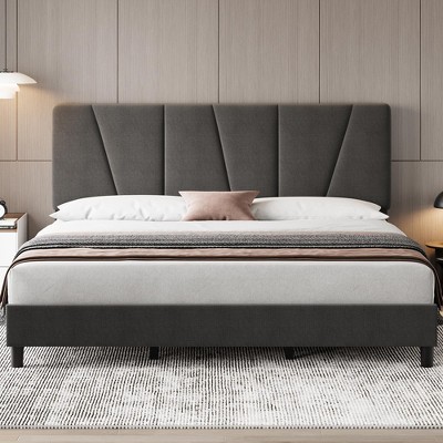 Full Size Bed Frame with Adjustable Headboard, Linen Upholstered Full Platform Bedframe with Strong Wooden Slats