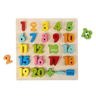 Wooden Number Puzzle Board with Colorful Pieces and Math Signs- STEM Toy for Learning Numbers, Counting, Math for Boys and Girls by Toy Time