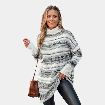 Women's Striped Turtleneck Longline Sweater- Cupshe