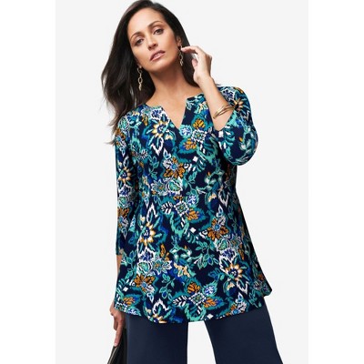 Jessica London Stretch Knit Henley Notch Babydoll Tunic