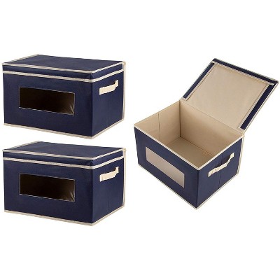 Juvale 3 Pack Collapsible Fabric Storage Bins Cubes, Decorative Foldable Boxes with Window & Lid – Navy Blue, Large, 16.25 x 12 x 10 Inches