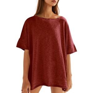 Imily Bela Womens Oversized Casual Summer Crew Neck Loose Dropped Short Sleeve Side Slit Hem Tunic Blouse Light - 1 of 4