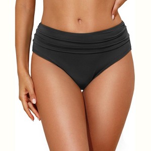 FIONECA Women Mid Rise Bikini Bottoms Full Coverage Swimsuit Ruched Scrunch Swim Bottom - 1 of 4