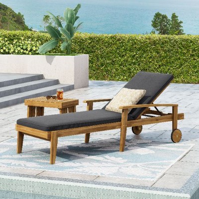 Acacia Wood Patio Chaise Lounge with Adjustable Reclining Positions, Outdoor Reclining Chair with Water-Resistant Cushions -Christopher Knight Home