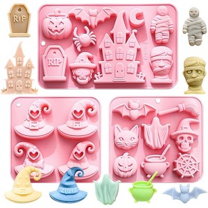 JDICTION Halloween Witch Hat Silicone Molds 3 Pack - Nonstick with Spooky Shapes (Haunted House, Mummy, Bat) for Baking, Ice Cube, Soap - 1 of 4