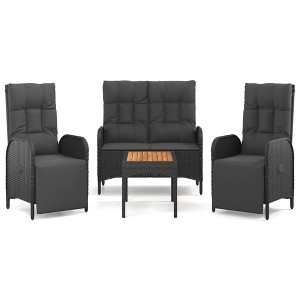 vidaXL Patio Dining Set with Cushions, 4 Piece, Black Poly Rattan, Outdoor Lounge Set with Powder-Coated Steel Frames and Acacia Wood Tabletop - 1 of 4