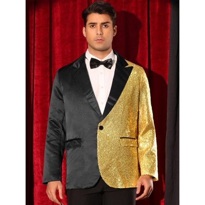 Мужские пиджаки INSPIRE CHIC Men's Color Block Peak Lapel Wedding Sparkly Sequin Blazers Black Golden Small — фото 2
