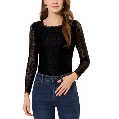Allegra K Women's Slim Fit Sheer-Long-Sleeves Flower Embroidery Lace Top