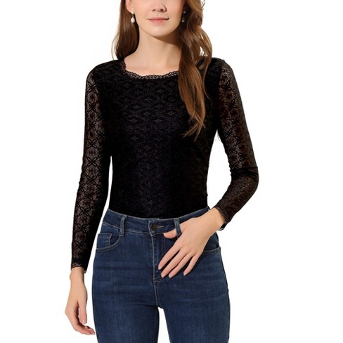 Allegra K Women's Slim Fit Sheer-Long-Sleeves Flower Embroidery Lace Top  Black Large