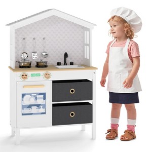 Safstar Kids Play Kitchen w/2 Stoves, Rotation Knobs, Faucet, Sink, Dishwasher, Drawers - 1 of 4