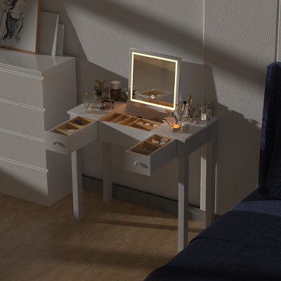 NicBex Flip-Top Vanity Desk with LED Mirror, Compact Makeup Table, 2 Soft-Close Drawers & Hidden Storage for Bedroom/Small Spaces