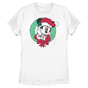 Womens Minnie Mouse Classic Santa Helper Wreath T Shirt - 1 of 4