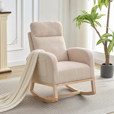 Garvee Rocking Chair Nursery Glider Chair with High Back and Side Pockets Solid Wood Frame Teddy Velvet Upholstery