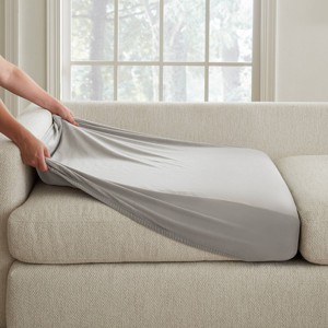 Sure Fit Hampstead Stretch Velvet Large Sectional Cushion Cover Light Gray: Pet Friendly, Machine Washable Slipcovers - 1 of 4