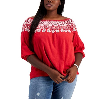 Tommy Hilfiger Womens Cotton Off Shoulder Peasant Blouse