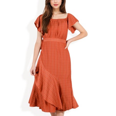 Anna-Kaci Women's Off Shoulder Plaid Midi Dress with Flutter Sleeves and Asymmetrical Hem