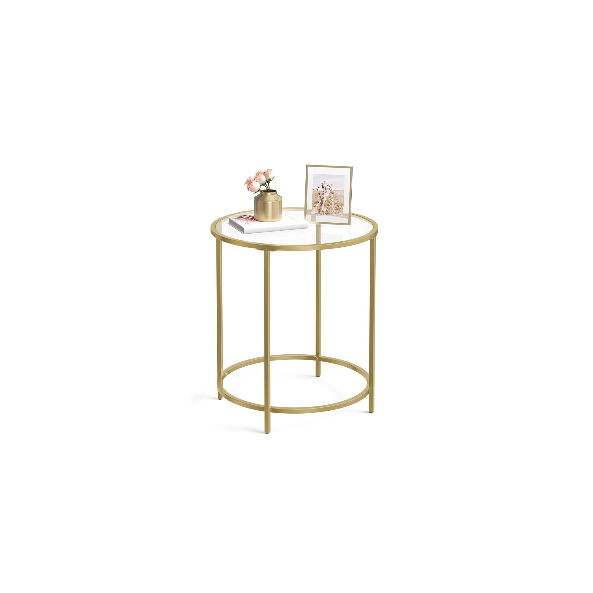 VASAGLE Round Side Table, Glass End Table with Metal Frame, Gold Coffee Table with Modern Style, for Living Room, Balcony, Bedroom, Gold Color