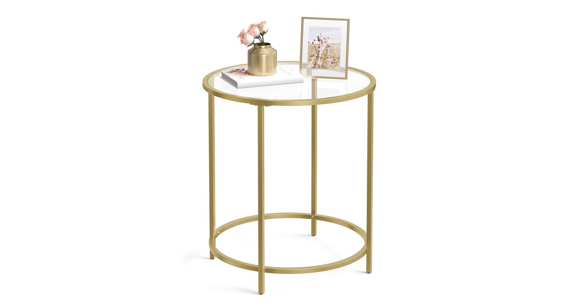 VASAGLE Round Side Table, Glass End Table with Metal Frame, Gold Coffee Table with Modern Style, for Living Room, Balcony, Bedroom, Gold Color