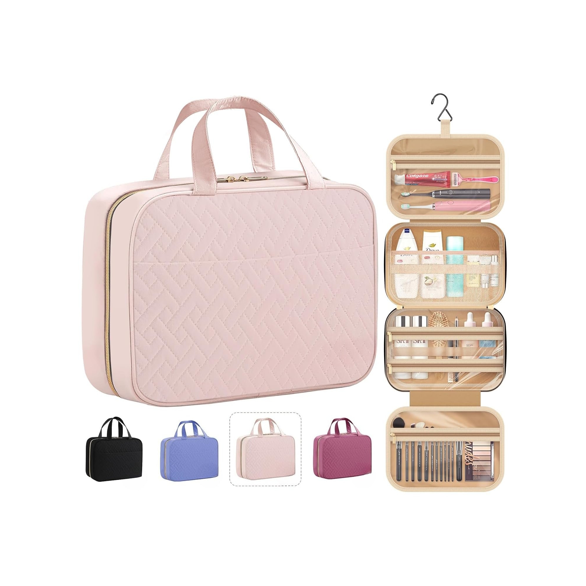 Hanging Waterproof Travel Toiletry Bag for Women and Men. Makeup Bag with Big Compartment for Travel Essentials. Pale Pink Medium