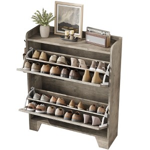 Farmhouse Shoe Cabinet with 2 Flip Down Drawers & 2 Hooks,  Narrow Wood Hallway Cabinet for Small Spaces, Apartments, - 1 of 4