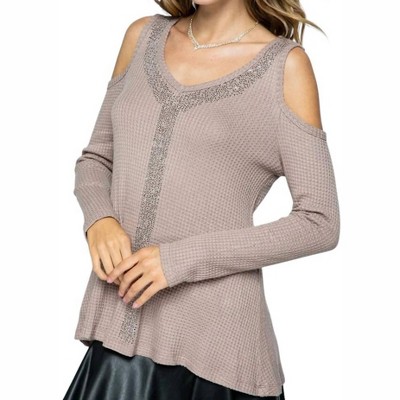 Women's LONG SLEEVE COLD SHOULDER STUD DETAIL TOP - VOCAL APPAREL