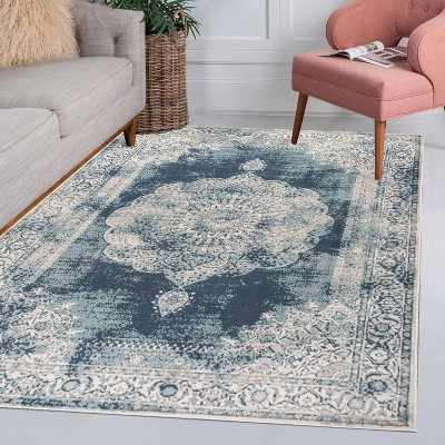 Ivory and Blue Medallion 8' x 10' Synthetic Area Rug