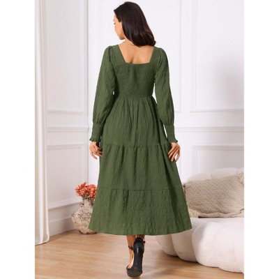 Женские платья INSPIRE CHIC Women's Fall Smocked Long Sleeve Square Neck Flowy Casual Maxi Tiered Dresses with Pockets Green Small 2 Packs Green/Black Small — фото 3
